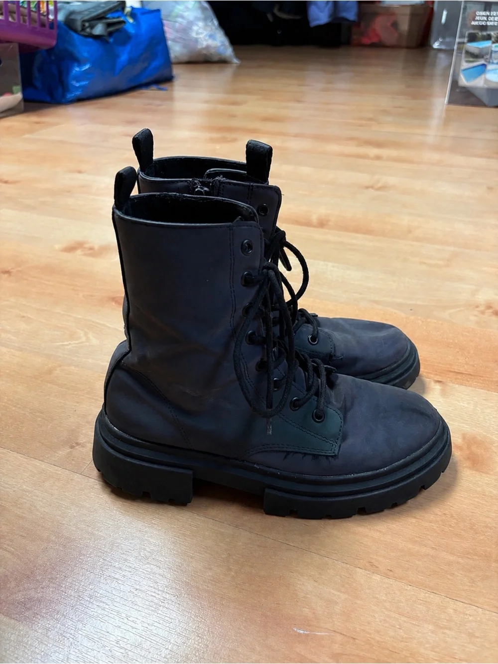 Zara Iridescent Combat Boot Lace Up Lug Sole Ankle Boots Purple Black EU 34 US 3